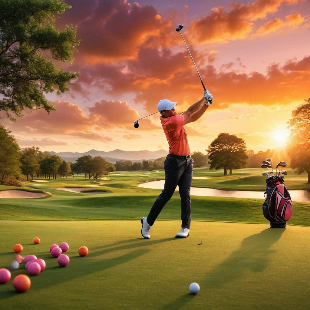 A dynamic golf scene featuring a golfer in mid-swing on a lush green course, with a dramatic sunrise in the background illuminating the sky in shades of orange and pink. Include a few spectators in the foreground, engaged and cheering, while displaying a variety of golf equipment scattered around, like golf balls and tees, creating an atmosphere of enthusiasm and strategy. The composition should evoke excitement and inspiration for golf lovers. super-realistic. vibrant colors. 3D.