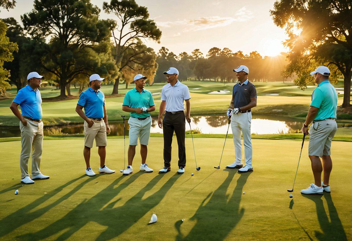 A diverse group of golf enthusiasts, ranging in age and ethnicity, gathered on a picturesque golf course during golden hour, sharing tips and experiences. Lush green grass underfoot, a serene lake reflecting the sunset in the background, and golf clubs casually resting nearby. The atmosphere is filled with joy and camaraderie, with some players practicing swings while others engage in animated conversations. super-realistic. vibrant colors. 3D.