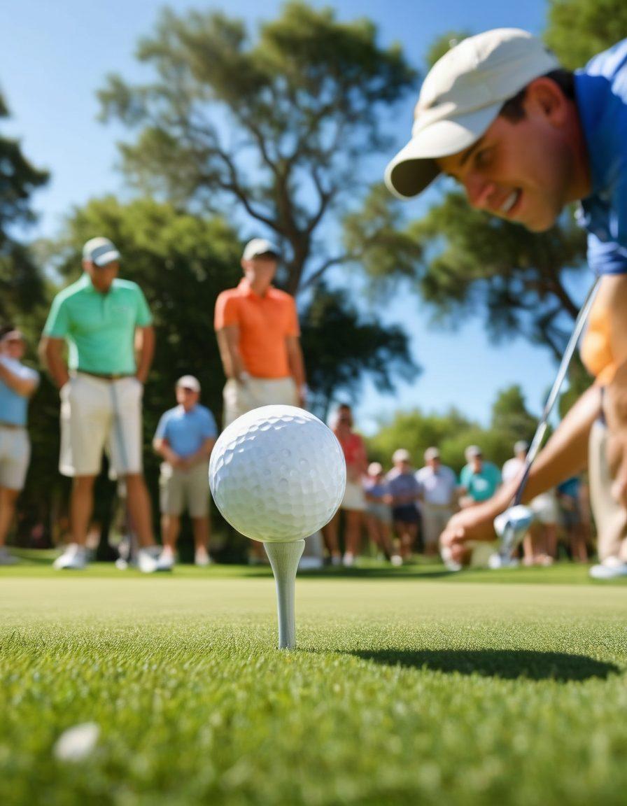 A golfer in mid-swing on a sunlit golf course, surrounded by lush green grass and a clear blue sky, with a focus on their form and technique. Include a close-up of a golf club making contact with a pristine white golf ball, while an audience of enthusiastic fans watches in the background. The scene conveys energy and passion for the sport. super-realistic. vibrant colors. expansive landscape.